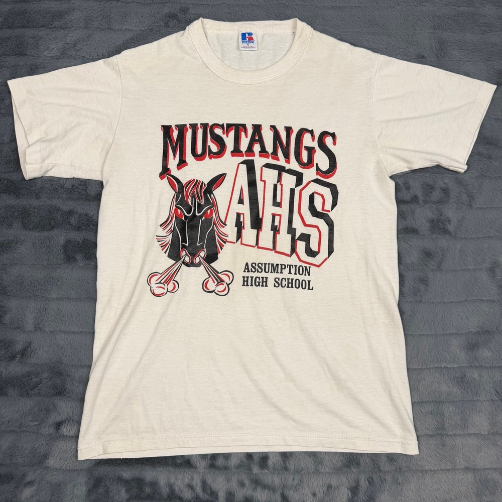 Vintage Russell Athletic Assumption High School Mustangs T-Shirt White Small USA